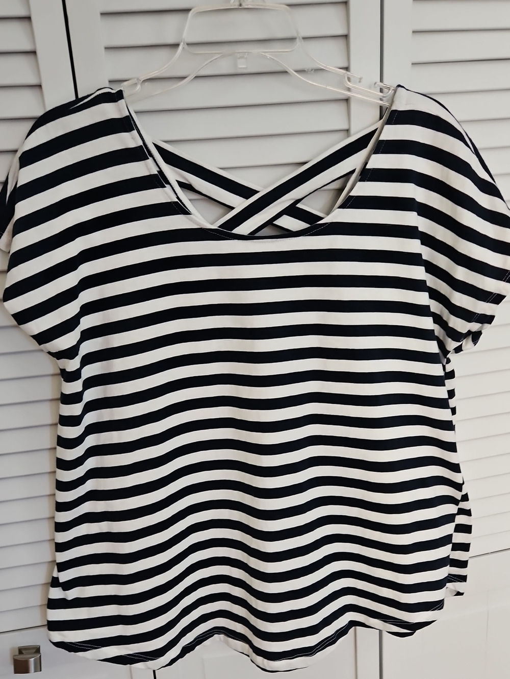 Bobeau Navy & White Striped Short Sleeve Top with Crisscross Back
